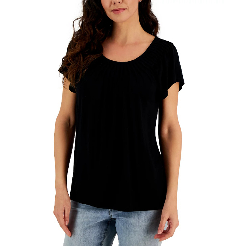 Style & Co Women's Petite Black Pleated Scoop-Neck Short-Sleeve Top NWT